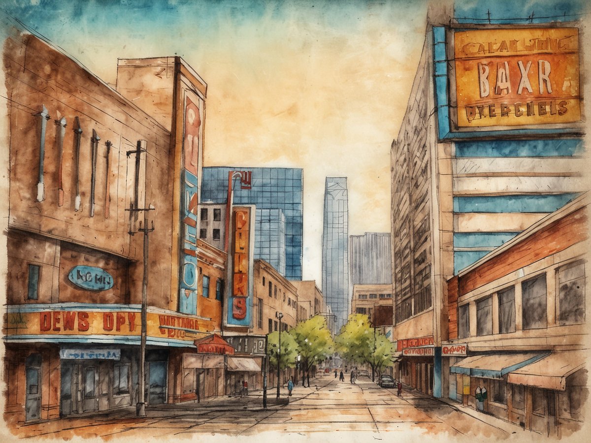 Die Darstellung zeigt eine lebhafte Straßenansicht in Oklahoma City, die traditionelle Westernkultur mit modernen Stadtarchitekturen kombiniert. Im Vordergrund stehen historische Gebäude, mit auffälligen Schildern, während im Hintergrund moderne Hochhäuser zu sehen sind. Die Straße ist von Bäumen gesäumt und es sind einige Passanten unterwegs. Die Mischung aus alter und neuer Architektur vermittelt einen Eindruck von der dynamischen Entwicklung der Stadt. Der Himmel hat eine sanfte Farbpalette, die der Szene ein warmes, einladendes Ambiente verleiht.