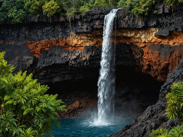 Auf dem Bild ist eine atemberaubende Naturkulisse zu sehen, die an die beeindruckenden Landschaften von Mauritius erinnert. Ein majestätischer Wasserfall stürzt von hohen Klippen in ein klares, türkisfarbenes Wasserbecken. Umgeben von üppigem, grünem Dschungel und rauen Felsen zeigt die Szene die Schönheit der tropischen Pflanzenwelt und die beeindruckende geologische Vielfalt. Diese traumhafte Umgebung vermittelt das Gefühl von Ruhe und unberührter Natur, was typisch für die idyllischen Landschaften Mauritius ist.