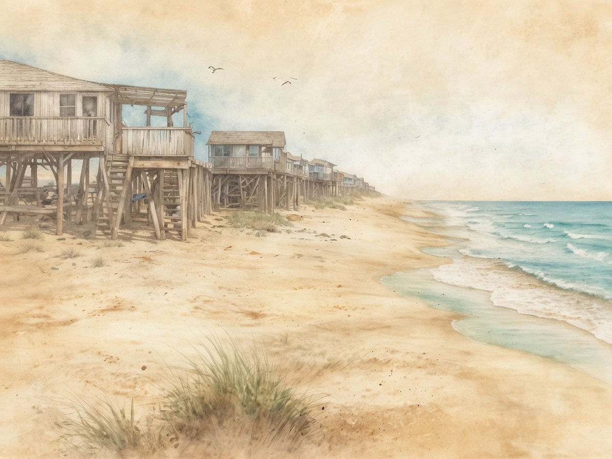 Eine malerische Szene von Padre Island National Seashore zeigt endlose, goldene Strände, die sanft von den Wellen des Ozeans umspült werden. Im Vordergrund sind einige typische Holzstrandhäuser, die auf Stelzen stehen, und der Strand ist von feinem Sand und vereinzeltem Gras umgeben. Der Himmel ist hell und wolkenlos, während der Horizont eine friedliche Atmosphäre ausstrahlt. Die Umgebung vermittelt das Gefühl von Ruhe und Naturverbundenheit in diesem wunderschönen Naturschutzgebiet.