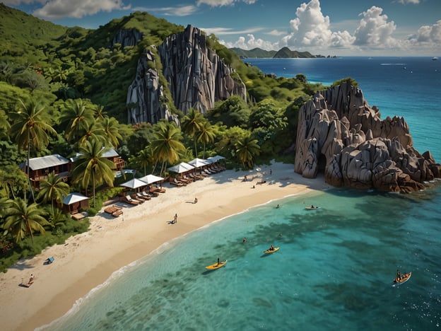 Auf dem Bild sind die schönsten Strände der Seychellen zu sehen. Man sieht eine malerische Küstenlandschaft mit feinem, weißen Sand und kristallklarem Wasser. Palmen säumen den Strand, und im Hintergrund erkennt man beeindruckende Felsformationen sowie üppige grüne Hügel. Es gibt Liegen mit Sonnenschirmen und einige Menschen, die verschiedene Aktivitäten wie Kajakfahren genießen. Diese Szenerie vermittelt ein tropisches Paradies, ideal für Entspannung und Abenteuer.