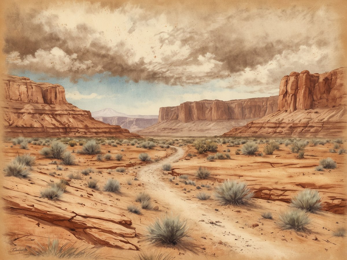 Eine beeindruckende Wüstenlandschaft mit rotbraunen Felsen und San Diego ähnlichen Hügeln erstreckt sich unter einem bewölkten Himmel. Ein schmaler Pfad windet sich durch den trockenen Boden, umgeben von niedrigem Gestrüpp und vereinzelten Gräsern. Im Hintergrund zeichnen sich weitere massive Felsen ab, während sich die hügelige Struktur der Wüste in sanften Wellen fortsetzt. Der Himmel zeigt eine Mischung aus Grau- und Blautönen, die der Szene eine dramatische Atmosphäre verleihen.