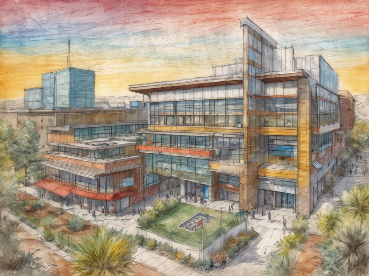 Das Bild zeigt eine moderne Architektur, die eine Reihe von Gebäuden in einer urbanen Umgebung darstellt. Die Bauwerke sind mit großen Fensterfronten und verschiedenen Farbakzenten gestaltet und scheinen multinationale Technologieunternehmen zu beherbergen. Im Vordergrund sind Personen zu sehen, die auf Wegen spazieren, und eine Grünfläche mit einem kleinen Platz, das von Sträuchern und Gehwegen umgeben ist. Im Hintergrund sind weitere Gebäude sowie Berge in der Ferne sichtbar, während der Himmel in warmen Farben wie Gelb und Rot erstrahlt.