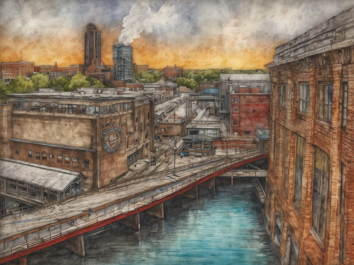 Ein malerischer Blick auf Milwaukee zeigt die lebendige Braukunst und Kultur der Stadt. Im Vordergrund verläuft eine rote Holzbrücke über den Milwaukee River, der ruhig fließt. Auf der linken Seite ist ein charakteristisches Gebäude mit einem runden Logo zu sehen, das an die Brauerei erinnert. Im Hintergrund erheben sich moderne und historische Gebäude, während ein orangefarbener Sonnenuntergang den Himmel erhellt. Die Szenerie vermittelt ein Gefühl von urbaner Vitalität und der Verbindung zur Wasserstraße.