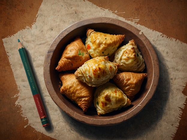 Auf dem Bild sind köstliche gefüllte Teigtaschen zu sehen, die an Samosas erinnern. Diese goldbraunen Häppchen haben eine knusprige Außenschicht und sind gefüllt mit einer würzigen Mischung, wahrscheinlich aus Kartoffeln, Gemüse oder Linsen. Sie sind auf einem rustikalen Teller angeordnet und sehen sehr appetitlich aus. Neben dem Gericht liegt ein Farbstift, was eine interessante Note hinzufügt. Die Kombination von Texturen und Aromen verspricht ein wahres Fest für die Sinne!