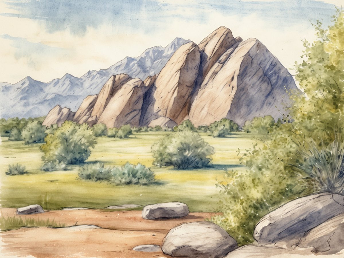 Boulder präsentiert eine beeindruckende Landschaft mit großen, schroffen Felsen und sanften Hügeln im Hintergrund. Die Szenerie ist von leuchtendem Grün und Sträuchern geprägt, die der Umgebung eine entspannte Atmosphäre verleihen. Der Himmel ist hell und klar, während die Berge majestätisch im Hintergrund thronen und die natürliche Schönheit dieses Outdoor-Paradieses unterstreichen.