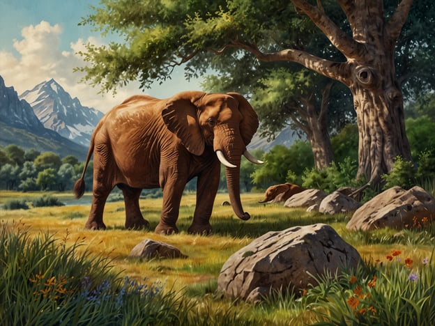 Auf dem Bild ist ein Elefant in einer wunderschönen, naturbelassenen Landschaft zu sehen. Die Szenerie zeigt üppige Wiesen mit bunten Blumen, imposante Felsen und eine malerische Kulisse von Bergen im Hintergrund. Dies erinnert an die beeindruckenden Nationalparks Tansanias, wie den Serengeti-Nationalpark oder den Tarangire-Nationalpark, wo Elefanten häufig in freier Wildbahn beobachtet werden können. Die Landschaft ist geprägt von einem reichen Ökosystem, das weitere Tiere und Pflanzen beherbergt und die Vielfalt der afrikanischen Savanne widerspiegelt.