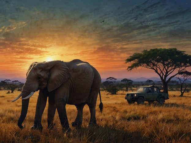 Auf dem Bild ist ein Elefant zu sehen, der in der Savanne Tansanias umhergeht. Im Hintergrund leuchtet die Sonne am Horizont, während ein Jeep in der Nähe steht, vermutlich von Touristen, die auf Safari sind. Die Landschaft ist geprägt von hohem Gras und einigen charakteristischen Bäumen, die die Landschaft der Serengeti oder anderer Nationalparks in Tansania widerspiegeln. Solche Szenen sind typisch für Safaris in dieser Region, wo Besucher die beeindruckende Tierwelt und die atemberaubende Natur erleben können.