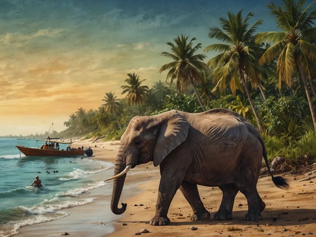 Auf dem Bild ist ein Elefant, der am Strand entlangläuft. Im Hintergrund sieht man Palmen und ein Boot auf dem Wasser. Diese Szene kombiniert Elemente eines Safari-Abenteuers mit der entspannenden Atmosphäre eines Strandurlaubs. Der Elefant steht symbolisch für die Tierwelt, während der Strand und das Boot die Urlaubsstimmung vermitteln.