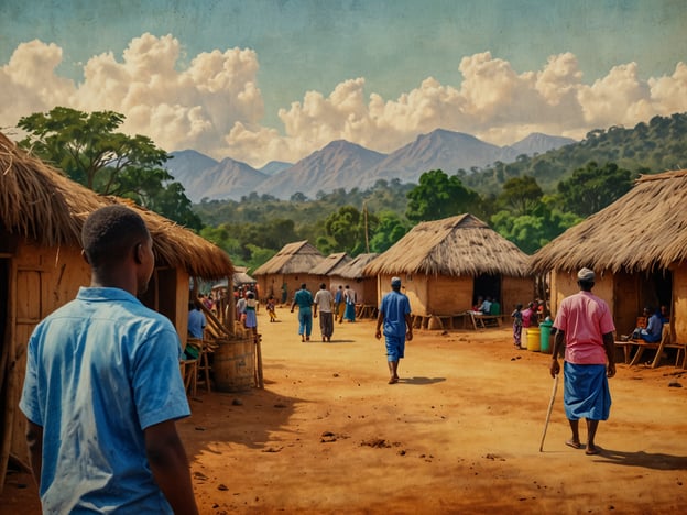 Auf dem Bild ist eine ländliche Szene aus Malawi zu sehen. In einem kleinen Dorf stehen mehrere Strohhütten, umgeben von einer malerischen Landschaft mit Bergen im Hintergrund. Menschen in traditioneller Kleidung bewegen sich durch das Dorf, was das Gemeinschaftsleben und die Kultur Malawis widerspiegelt. Die Farbgebung vermittelt eine warme, einladende Atmosphäre, die die Verbindung der Menschen zur Natur und ihrem täglichen Leben zeigt. Solche Dörfer sind typisch für die malawische Kultur, wo Gemeinschaft und Tradition eine zentrale Rolle spielen.