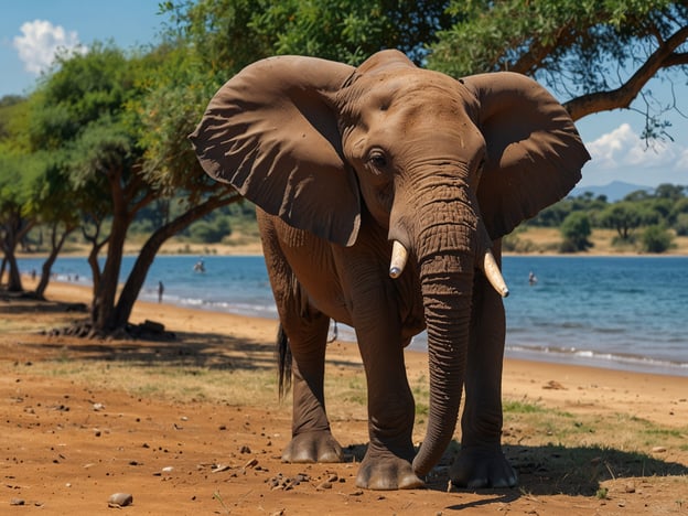 Auf dem Bild ist ein Elefant zu sehen, der an einem Ufer steht. In der Umgebung könnte man Aktivitäten wie Tierbeobachtungen oder Safaris unternehmen. Der Hintergrund zeigt einen schönen See, wo man schwimmen oder Boot fahren könnte. Zudem gibt es grüne Bäume, die eine angenehme Atmosphäre schaffen und einen schattigen Platz zum Entspannen bieten. Solche Landschaften sind oft beliebte Reiseziele für Naturliebhaber.