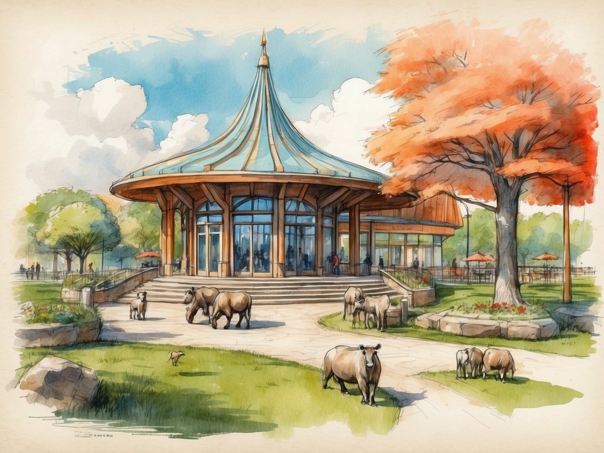 Das Bild zeigt eine malerische Ansicht des Tierparks Ueckermünde mit einem einladenden Besucherzentrum im Vordergrund. Das Gebäude hat ein auffälliges, gewölbtes Dach und große Fenster, die viel Licht hereinlassen. Rund um das Gebäude sind mehrere Tiere wie Ziegen und Schweine zu sehen, die friedlich auf dem Rasen grasen. Im Hintergrund erkennt man Bäume mit buntem Laub und einige Besucher, die das Gelände erkunden. Es herrscht eine freundliche und entspannte Atmosphäre, ideal für Familienausflüge.