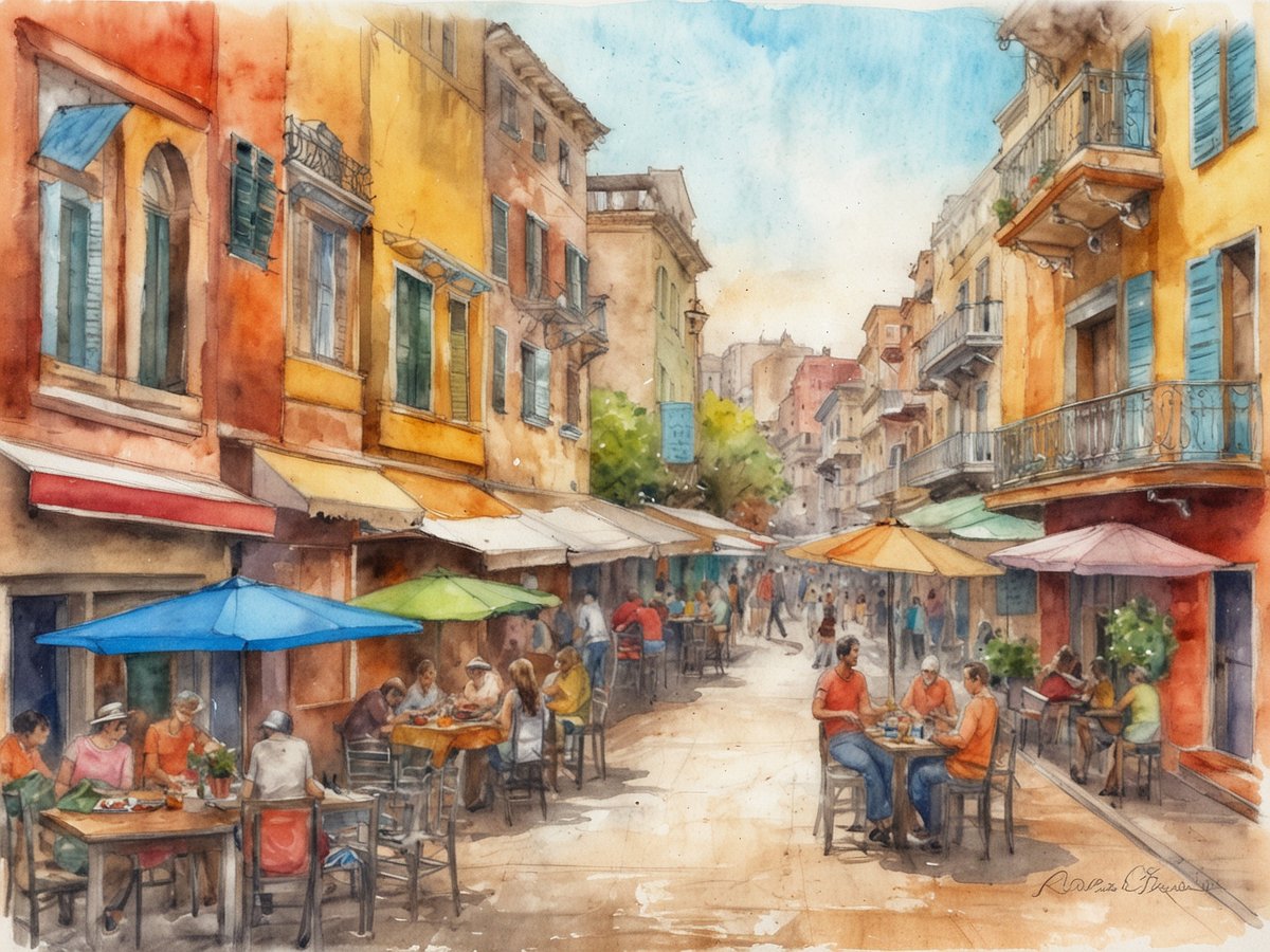 Ein malerischer Straßenzug mit bunten Gebäuden und belebten Cafés, die von Sonnenschirmen beschattet werden. Auf den Tischen sitzen Gäste, die speisen oder Getränke genießen. Die Atmosphäre ist lebhaft und entspannt, mit Menschen, die in gesellige Gespräche vertieft sind. Bäume und Balkone verleihen dem Bild zusätzlichen Charme, während die sanfte Farbpalette von Wasserfarben eine warme, einladende Stimmung erzeugt.