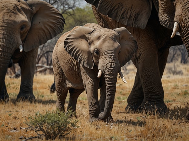 Auf dem Bild sind mehrere Elefanten zu sehen, darunter ein kleiner Elefant, der in einer savannenartigen Landschaft mit trockenem Gras umherläuft. Diese Szenerie erinnert an einige der besten Safari-Destinationen in Simbabwe, wie den Hwange Nationalpark, der bekannt für seine große Elefantenpopulation ist, oder den Chobe Nationalpark, wo Elefanten oft in Herden anzutreffen sind. In diesen Gebieten haben Besucher die Möglichkeit, diese majestätischen Tiere in ihrem natürlichen Lebensraum zu beobachten.