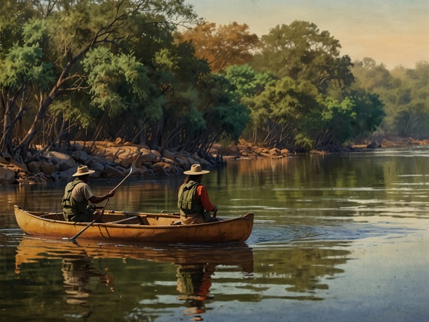 Auf dem Bild sind zwei Männer zu sehen, die in einem Kanu auf einem ruhigen Gewässer paddeln, umgeben von üppiger Vegetation und Bäumen. Diese Szenerie erinnert an ein Safari-Abenteuer, wo man die Schönheit der Natur hautnah erleben kann. 

Das Paddeln auf einem ruhigen Fluss bietet die Möglichkeit, die Tierwelt zu beobachten, von Vögeln bis hin zu Wasserlebewesen. Es ist eine friedliche Erlebnistour, bei der man die Ruhe und die atemberaubende Landschaft genießen kann. Diese Art von Abenteuer ist ideal für Naturbegeisterte, die das Zusammenspiel von Wasser und Wald erkunden möchten.