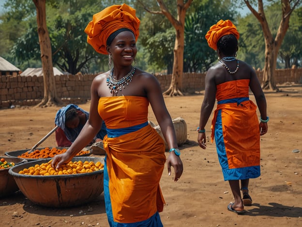 Auf dem Bild sind Frauen in traditionellen, farbenfrohen Kleidern zu sehen, die typisch für die Kultur Sambias sind. Die leuchtenden Farben, insbesondere Orange und Blau, sind oft Teil der Tracht, die zu festlichen Anlässen oder im Alltag getragen wird. Solche Kleider sind oft handgefertigt und spiegeln die lokale Handwerkskunst wider.

In Sambia spielen Märkte eine zentrale Rolle im sozialen Leben, wo Menschen zusammenkommen, um Waren wie frisches Obst und Gemüse zu verkaufen und zu kaufen. Die Darstellung von Frauen, die an einem Markt aktiv sind, zeigt die wichtige Rolle der Frauen in der Gemeinschaft und der Wirtschaft. Zudem könnten die Feierlichkeiten oder traditionelle Tänze, die oft in diesen kulturellen Kontexten stattfinden, Teil des Bildes sein, was die lebendige Kultur Sambias unterstreicht.