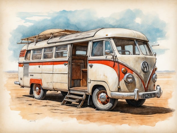 Auf dem Bild ist ein alter VW-Bus zu sehen, der auf einem sandigen Gelände geparkt ist. Dieser Bus bietet viele Möglichkeiten für Abenteuer. Man könnte ihn für einen Roadtrip in die Natur oder an den Strand nutzen. Aktivitäten könnten das Camping, ein Picknick im Freien oder das Erkunden neuer Orte sein. Der Bus ist ideal für spontane Ausflüge und fördert die Erkundung von Nationalparks oder malerischen Landschaften.