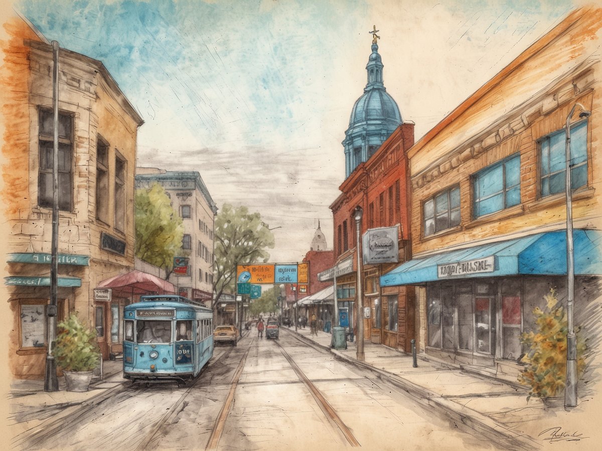 Eine malerische Stadtansicht zeigt eine lebendige Straße mit charakteristischen Gebäude aus Backstein und historischen Fassaden. In der Mitte der Straße steht eine blaue Straßenbahn, umgeben von Bäumen und Geschäften. Die Atmosphäre ist einladend, mit einem klaren Himmel und einer entspannenden Umgebung, die sowohl Outdoor-Erlebnisse als auch das Stadtleben widerspiegelt. Hängeleuchten und Straßenschilder lenken den Blick auf die Details der urbanen Landschaft.
