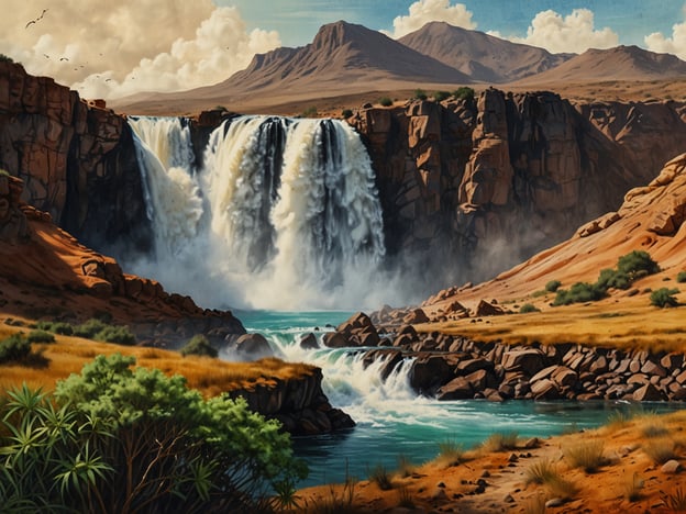 Auf dem Bild ist eine beeindruckende Naturlandschaft mit einem majestätischen Wasserfall zu sehen. Das Wasser stürzt gewaltig über große Felsen, während in der Umgebung sanfte Hügel und Berge zu erkennen sind. Die Szene wird von einer malerischen Flora begleitet, mit grünen Pflanzen und strahlend blauem Wasser, das den Wasserfall umgibt. Die Wolken am Himmel verleihen dem Ganzen eine zusätzliche Schönheit, die die majestätische Ruhe und die Kraft der Natur beeindruckend einfängt. Es handelt sich um eine ganz besondere Sehenswürdigkeit, die viele Naturliebhaber anziehen würde.