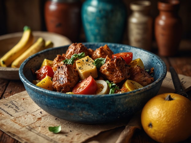 Auf dem Bild ist eine Schüssel mit einer bunten Mischung aus Fleisch, Tomaten, Ananas und anderen Gemüsesorten zu sehen. Diese Art von Gericht könnte in der Küche Angolas vorkommen, wo oft Zutaten wie Fleisch und frisches Gemüse in harmonischen Kombinationen verwendet werden. Dazu gibt es Bananen und eine Zitrusfrucht, die typischerweise in der Region beliebt sind. Die Farben und die Präsentation der Speisen sind ein Ausdruck der reichen kulinarischen Tradition Angolas.