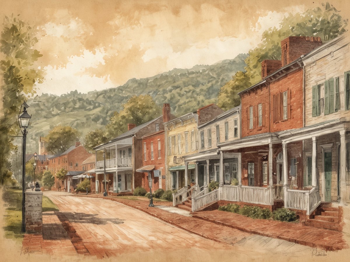 Eine malerische Straße in Charlottesville zeigt historische Gebäude mit verschiedenen baulichen Stilen, darunter rotes Mauerwerk und Verandas. Die sanften Hügel im Hintergrund sind von Bäumen umgeben und der Himmel hat einen warmen, sanften Farbton. Auf der Straße stehen historische Laternen und vereinzelt sind Bänke und Blühpflanzen entlang des Weges zu sehen. Die Szene strahlt eine ruhige, einladende Atmosphäre aus, die die idyllische Lage und die Geschichte der Region unterstreicht.