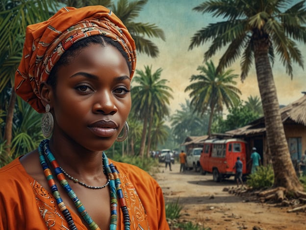 Auf dem Bild ist eine junge Frau zu sehen, die traditionelle nigerianische Kleidung trägt. Sie hat einen bunten Kopfwickel und eine Reihe von Halsketten, die ihren kulturellen Hintergrund widerspiegeln. Im Hintergrund sieht man eine ländliche Gegend mit Palmen, einfachen Häusern und einigen Menschen, die sich auf einer Straße bewegen. Diese Szenerie vermittelt eine authentische Atmosphäre des Lebens in Nigeria und zeigt die Schönheit der lokalen Kultur und Gemeinschaft.