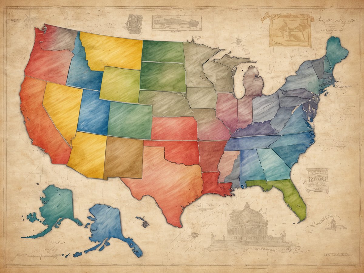 Eine farbige Landkarte der Vereinigten Staaten zeigt die verschiedenen Bundesstaaten in unterschiedlichen Farben. Die Karte umfasst die gesamte USA, einschließlich Alaska und Hawaii, und ist vor einem beige-farbenen Hintergrund dargestellt. Die Grenzen der Bundesstaaten sind deutlich erkennbar. Einige alte Zeichnungen und Notizen sind im Hintergrund sichtbar, die einen historischen Kontext vermitteln. Die USA bestehen aus fünfzig Staaten.