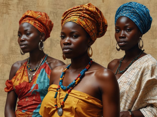 Auf dem Bild sind drei Frauen zu sehen, die traditionelle ghanaische Kleidung tragen. Sie haben auffällige Kopftücher und bunte Halsketten, die oft in der Kultur Ghanas verwendet werden. Die Verwendung von leuchtenden Farben und Mustern spiegelt die reichhaltige Textilkunst und das kulturelle Erbe Ghanas wider. Diese Art der Bekleidung ist nicht nur ein Ausdruck von Stil, sondern hat auch eine tiefere symbolische Bedeutung, die mit Identität und Ehre verbunden ist.