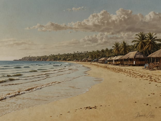 Auf dem Bild ist ein wunderschöner Strand zu sehen, der einem idyllischen Küstenabschnitt ähnelt, wie man ihn an den besten Stränden der Elfenbeinküste finden kann. Die sanften Wellen des Meeres treffen an einem feinen Sandstrand, während Palmen im Hintergrund eine tropische Atmosphäre schaffen. In der Nähe befinden sich traditionelle Hütten, die typisch für Küstenregionen in Westafrika sind. Diese Szenerie erweckt den Eindruck von entspannendem Urlaub und natürlicher Schönheit, die man an Orten wie Assini oder Grand Bassam erleben kann.