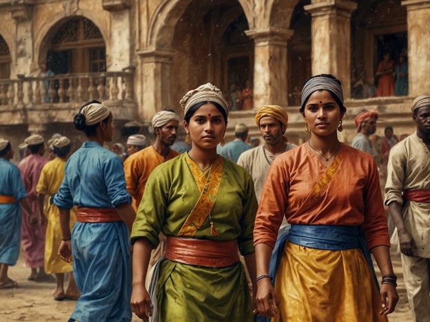 Auf dem Bild sind zwei Frauen in traditioneller, farbenfroher Kleidung zu sehen, die in einer historischen Umgebung stehen. Um sie herum sind weitere Personen in ähnlichen Outfits, die gemeinsam an einer Aktivität oder Veranstaltung teilnehmen. Diese Szene könnte kulturelle Höhepunkte der Küste, wie etwa traditionelle Feste oder Handwerkskunst, widerspiegeln. Die Farben und die Kleidung deuten auf eine reiche kulturelle Tradition hin, die oft mit Festlichkeiten, Tänzen oder Szenen aus dem täglichen Leben verbunden ist. Orte an der Küste, wie alte Hafenstädte, sind häufig Schauplätze für solche lebendigen kulturellen Darstellungen.