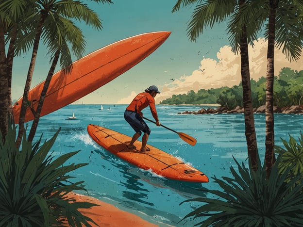 Auf dem Bild ist ein sportlicher Mensch zu sehen, der auf einem orangefarbenen Stand-Up-Paddleboard (SUP) paddelt. Er bewegt sich durch das glitzernde Wasser, umgeben von tropischen Pflanzen und Palmen. Im Hintergrund sind einige Segelboote zu sehen, die die Küstenlandschaft noch lebendiger machen. Diese Szene vermittelt ein Gefühl von Abenteuer und Freiheit an der Küste, ideal für Wassersportler und Naturliebhaber. Es scheint ein perfekter Tag zum Paddeln und Erkunden der malerischen Küstenlinie zu sein.