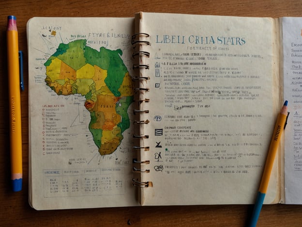 Auf dem Bild ist eine geographische Darstellung von Afrika mit einem Fokus auf Liberia zu sehen, ergänzt durch handschriftliche Notizen und Zeichnungen. Wenn du nach Liberia reisen möchtest, hier einige Tipps:

1. **Visum und Einreise**: Stelle sicher, dass du ein gültiges Visum hast, bevor du ankommst, und informiere dich über die Einreisebestimmungen.

2. **Sprache**: Englisch ist die Amtssprache, was die Kommunikation erleichtert.

3. **Sehenswürdigkeiten**: Besuche die Hauptstadt Monrovia und erkunde den Providence Island oder die Nationalmuseum für Kultur und Geschichte.

4. **Natur erleben**: Der Sapo Nationalpark ist ein wunderschöner Ort für Wanderungen und Tierbeobachtungen, ideal für Naturliebhaber.

5. **Kultur**: Nimm an lokalen Festivals oder Märkten teil, um die liberianische Kultur hautnah zu erleben.

6. **Sicherheit**: Achte auf aktuelle Reisewarnungen und informiere dich über sicherere Gegenden.

Genieße deine Reise und sei offen für die vielfältigen Erfahrungen, die Liberia zu bieten hat!