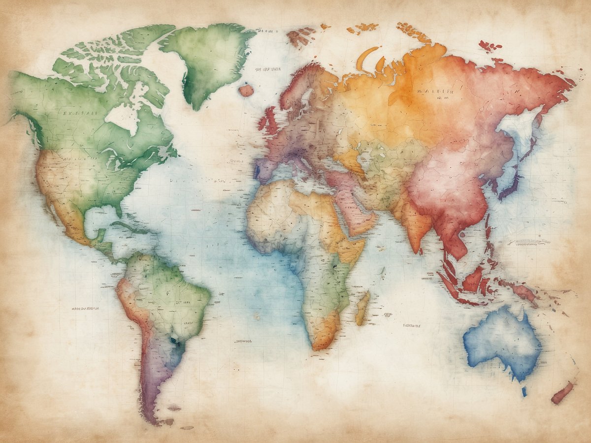 Eine farbenfrohe Weltkarte mit sanften Wasserfarben zeigt die Kontinente in verschiedenen Farben. Nordamerika hebt sich in Grüntönen ab, während Südamerika in Rottönen dargestellt ist. Europa und Afrika sind in warmen Farben gefärbt, während Asien in verschiedenen Erdtönen erscheint. Australien ist in blauen und weißen Farbtönen gestaltet. Der Hintergrund der Karte hat eine beige Schattierung, die einen antiken Look vermittelt. Die Karte ist so gestaltet, dass die geografischen Konturen der Kontinente gut erkennbar sind, während die Farben eine harmonische Gesamtästhetik schaffen. Wie viele Zeitzonen hat die USA?