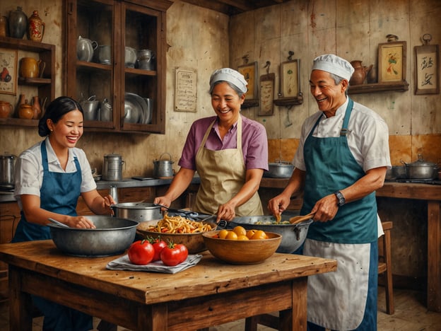 Auf dem Bild ist eine Gruppe von Menschen in einer Küche zu sehen, die miteinander arbeiten und anscheinend eine Mahlzeit zubereiten. Dies erinnert an die Gastronomie Sierra Leones, wo gemeinschaftliches Kochen eine wichtige Rolle spielt. In Sierra Leone ist die Küche geprägt von traditionellen Gerichten wie Jollof-Reis, Cassava und verschiedenen Fisch- und Fleischgerichten, oft gewürzt mit lokalen Gewürzen und Zutaten. 

Die dargestellte Szene könnte auch die Bedeutung von Familien- und Gemeinschaftsessen hervorheben, die in der sierra-leonischen Kultur hochgeschätzt werden. Es zeigt die Freude und den Zusammenhalt, die beim Kochen und Essen entstehen.