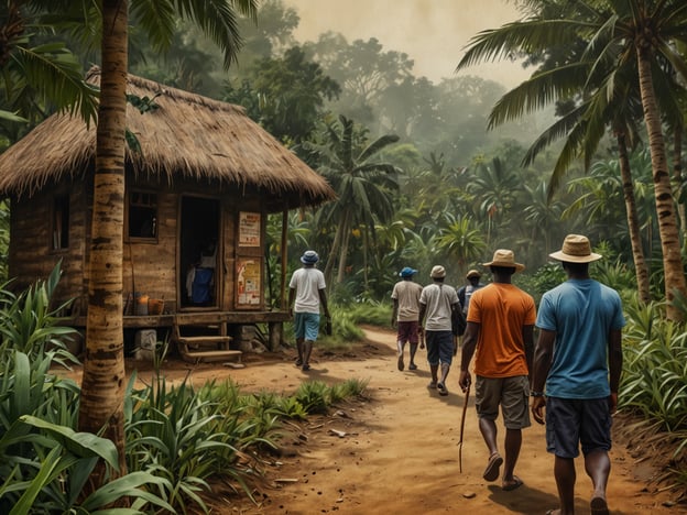 Auf dem Bild sind fünf Personen zu sehen, die einen Weg durch eine üppige, tropische Landschaft entlanggehen. Im Hintergrund befindet sich eine einfache Holzhütte mit einem Strohdach. Die Umgebung ist geprägt von Palmen und dichtem Grün.

In Bezug auf nachhaltigen Tourismus in Sierra Leone könnte dieses Bild eine typische Szene darstellen, in der lokale Gemeinschaften und ihre Umwelt in den Fokus rücken. Der nachhaltige Tourismus zielt darauf ab, natürliche Ressourcen zu schützen, die Kultur der Einheimischen zu respektieren und den Gästen authentische Erlebnisse zu bieten. Solche Szenarien könnten Wanderungen durch die Natur, den Besuch kultureller Stätten oder die Unterstützung von lokalen Wirtschaften umfassen, was für die Entwicklung und den Schutz der Region von großer Bedeutung ist.