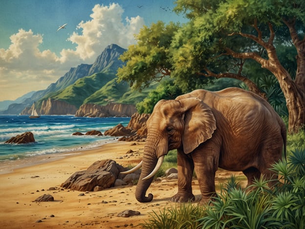 Die Schönheit Gambias zeigt sich in seiner vielfältigen Natur und Tierwelt, die die Seele Afrikas verkörpert. Auf dem Bild ist ein majestätischer Elefant zu sehen, der in einer malerischen Küstenlandschaft steht. Um ihn herum erstrecken sich grüne Bäume und der sanfte Verlauf eines Strandes, während im Hintergrund Berge und das weite Meer sanft anzutreffen sind. Die Szenerie strahlt eine ruhige Harmonie zwischen der Tierwelt und der natürlichen Umgebung aus.