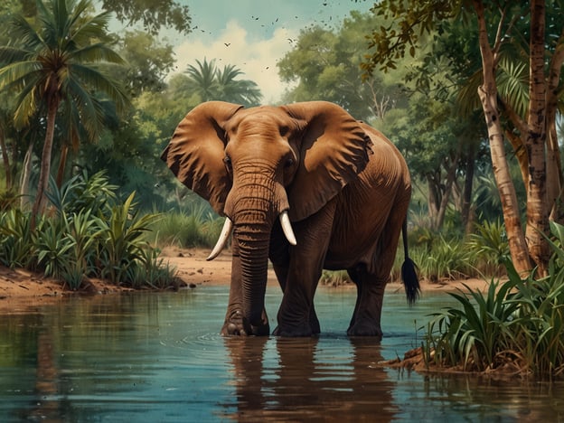 Auf dem Bild ist ein Elefant zu sehen, der in einem Wasserlauf steht. Diese Szene erinnert an die Tierwelt in Gambia, die für ihre vielfältige Natur bekannt ist. In Gambia leben viele Elefanten, insbesondere in geschützten Gebieten und Nationalparks. Die Landschaft ist geprägt von üppigen Palmen und grüner Vegetation, die perfekten Lebensraum für zahlreiche Tierarten bieten. Gambia ist auch bekannt für seine Vogelvielfalt und die Möglichkeit, viele andere Tiere in ihrem natürlichen Lebensraum zu beobachten.