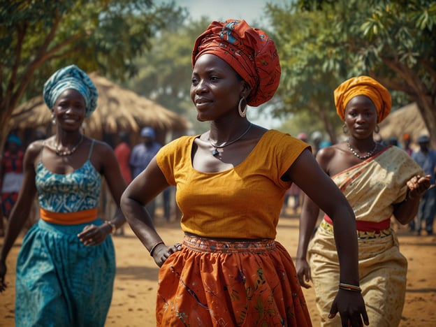 Auf dem Bild sind Frauen zu sehen, die traditionelle afrikanische Kleidung tragen, die in Gambia typisch ist. Ihre Outfits sind farbenfroh und oft aus aufwendigen Stoffen, was die kulturelle Vielfalt und die Schönheit der gambischen Traditionen widerspiegelt. Solche Kleidungsstile sind oft Teil von festlichen Anlässen und wichtig für gesellschaftliche Ereignisse. 

Die Frauen könnten an einem Tanz oder einer Feier teilnehmen, was ebenfalls eine zentrale Rolle in der gambischen Kultur spielt, wo Gemeinschaftsfeiern, Musik und Tanz eine große Bedeutung haben. Solche Traditionen stärken das soziale Zusammengehörigkeitsgefühl und sind oft mit rituellen Elementen verbunden.