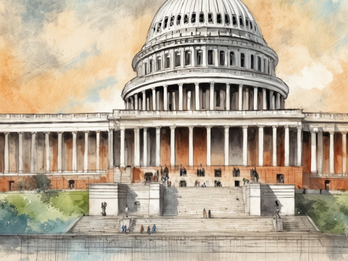 Das Bild zeigt eine künstlerische Darstellung des Kapitols in Washington D.C. mit seiner markanten Kuppel und den großen Treppen, die zu den Eingängen führen. Der Himmel ist in sanften Farben gehalten, und im Vordergrund sind kleine Figuren zu sehen, die sich auf den Stufen und im Gartenbereich bewegen. Die Architektur des Gebäudes ist prächtig, mit vielen Säulen, die den klassischen Stil betonen.