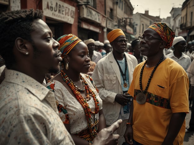 Auf dem Bild sind mehrere Personen zu sehen, die in lebhaften, traditionell inspirierenden Kleidern zusammenstehen. Diese Szene könnte in einem urbanen Bereich des Senegal aufgenommen worden sein, wo lokales Brauchtum und Gemeinschaftsgeist eine wichtige Rolle spielen. Die Menschen scheinen miteinander ins Gespräch vertieft zu sein, was den sozialen und kulturellen Austausch betont, der in der facettenreichen Musik und den Traditionen des Senegal verwurzelt ist. Die Verwendung von Farben und Schmuck unterstreicht die kulturelle Identität und die Vielfalt des senegalesischen Erbes.