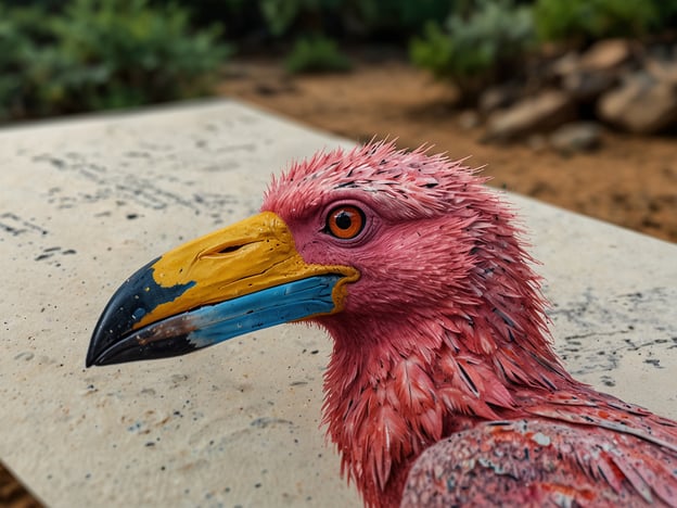 Auf dem Bild ist ein ungewöhnlicher Vogel mit einem farbenfrohen, markanten Schnabel zu sehen. Die gefiederte Erscheinung weist eine interessante, pinke Farbe auf, die ihn von typischen Vögeln unterscheidet. Solche kreativen Darstellungen können uns dazu anregen, mehr über die vielfältigen und manchmal fantasievollen Aspekte der Natur und der Tierwelt zu entdecken. In der Natur gibt es viele faszinierende Tiere mit einzigartigen Farben und Formen, die uns immer wieder überraschen und inspirieren können.