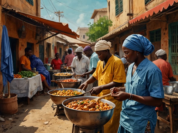 Auf dem Bild sieht man eine lebhafte Marktszene aus dem Senegal, wo Menschen in bunten Kleidern verschiedene kulinarische Köstlichkeiten zubereiten. Besonders im Senegal sind Gerichte wie Thiéboudienne (eine Art Reis mit Fisch und Gemüse) und Akara (frittierte Bohnenbällchen) sehr beliebt. Die geschäftigen Kochenden bereiten wahrscheinlich traditionelle Speisen, während im Hintergrund frisches Obst und Gemüse verkauft wird. Die Atmosphäre ist lebhaft und spiegelt die reichhaltige gastronomische Kultur des Landes wider.