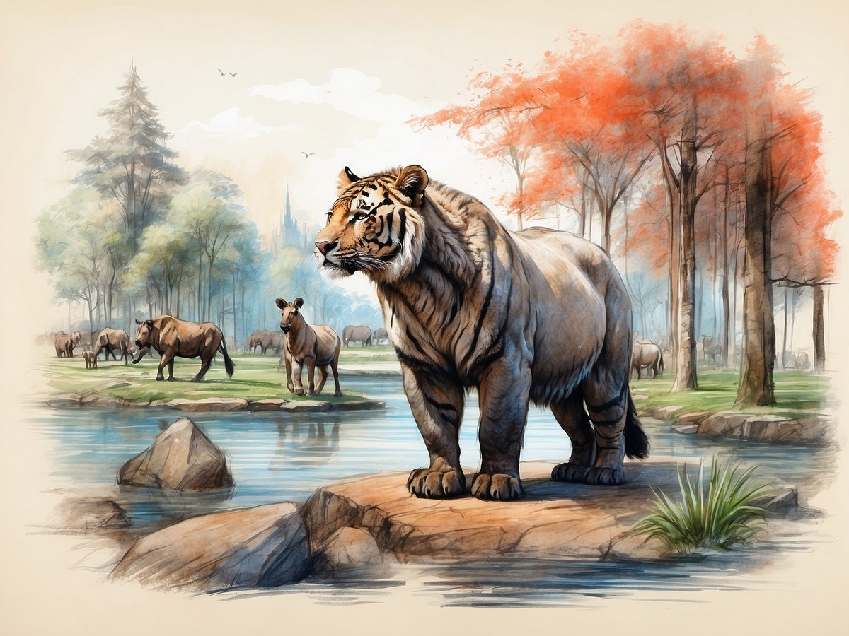 Ein majestätischer Tiger steht auf einem Felsen am Ufer eines ruhigen Gewässers. Im Hintergrund sind grüne Wiesen und große Bäume mit herbstlichen roten Blättern zu sehen. Eine Gruppe von verschiedenen Tieren, darunter Kuh-ähnliche Tiere, grast friedlich in der Landschaft. Die Szenerie vermittelt eine friedliche und harmonische Atmosphäre, die die Schönheit der Natur und der Tierwelt im Wildpark Tiergarten Weilburg zeigt.