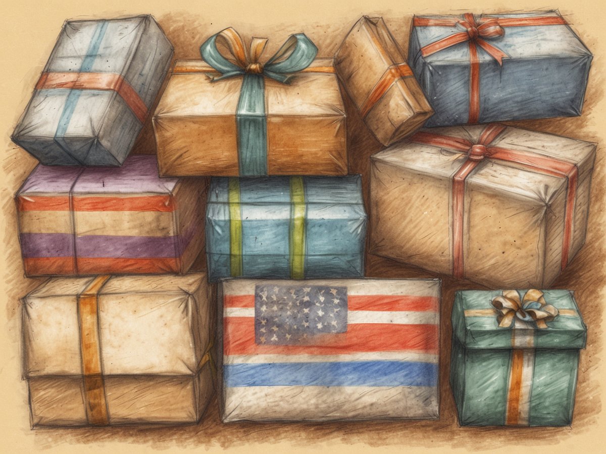 Mehrere Geschenkpakte in verschiedenen Farben und Größen sind übereinander gestapelt. Einige Pakete sind mit bunten Bändern verziert, während eines ein Design mit der amerikanischen Flagge zeigt. Die Atmosphäre wirkt festlich, und die Pakete sind auf einem einfarbigen Hintergrund angeordnet.