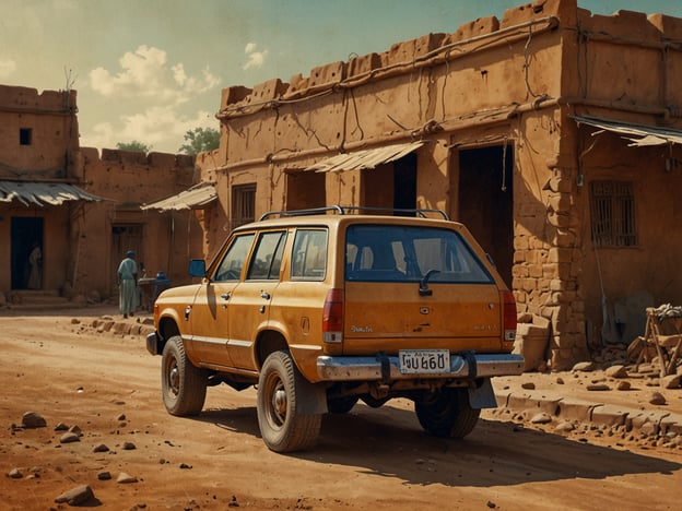 Auf dem Bild ist ein gelbes Auto in einer staubigen Straße vor Gebäuden zu sehen, die aus lehmigen Materialien gebaut sind. Diese Szenen erinnern an traditionelle Siedlungen in Mali, wo Architektur und Lebensweise stark von der Umgebung und den Kulturtraditionen geprägt sind.

Mali ist bekannt für seine reiche Geschichte, insbesondere durch das Königreich von Mali und die legendären Städte wie Timbuktu und Gao. Diese Orte waren einst bedeutende Zentren des Handels und der Bildung. Die Verwendung von Lehm in der Bauweise spiegelt auch die jahrhundertealte Baukunst wider, die in vielen Regionen Afrikas verbreitet ist und die Anpassung an die klimatischen Bedingungen betont.

Der Anblick des Autos könnte eine Verbindung zwischen der alten Zivilisation Malis und der modernen Welt darstellen, indem er zeigt, wie sich die Gesellschaft im Laufe der Zeit verändert hat.