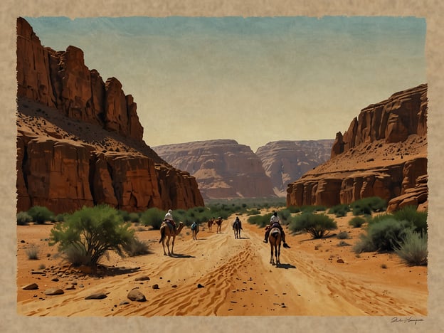 Auf dem Bild ist eine Wüstenlandschaft zu sehen, in der Menschen auf Kamelen reiten. Die beeindruckenden roten Felsen und die weite, sandige Umgebung schaffen eine faszinierende Kulisse für ein Abenteuer in der Natur. Diese Szene könnte eine aufregende Kamelwanderung durch eine abgelegene, malerische Wüste darstellen, wo die Reisenden die Stille der Natur und die Schönheit der Landschaft genießen können. Solche Erlebnisse bieten die Möglichkeit, die Kulturen der Region kennenzulernen und die unberührte Wildnis hautnah zu erleben.