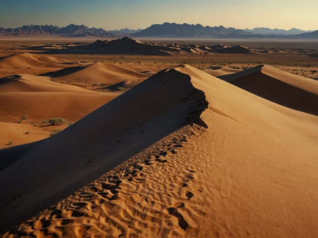 Das Bild zeigt eine weite Wüstenlandschaft, die an die verschiedenen Wüstenregionen in Niger erinnert. In Niger befinden sich mehrere wichtige Wüsten, darunter die Sahara, die größte Wüste Afrikas. Diese Region ist bekannt für ihre beeindruckenden Sanddünen und zerklüfteten Berghorizonte. Unter den Wüsten in Niger ist die Ténéré besonders bemerkenswert, die durch große Sandflächen und Hochlandschaften gekennzeichnet ist. Die Sonne, die über dem Gelände aufgeht, verstärkt die beeindruckenden Farben und Formen, die typisch für diese Wüstenlandschaft sind.