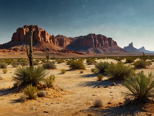 Auf dem Bild ist eine beeindruckende Wüstenlandschaft zu sehen, die mit ihrer majestätischen Szenerie die Faszination der Wüste verkörpert. Die majestätischen roten Felsen im Hintergrund, zusammen mit den typischen Wüstenpflanzen und dem feinen Sandboden, schaffen eine Atmosphäre von sowohl Mythos als auch Realität. Diese Landschaft erinnert an die schroffen, unberührten Schönheit der Wüste und spiegelt die Herausforderungen und Geheimnisse wider, die die extreme Umgebung mit sich bringt. Die Wüste ist nicht nur ein Ort der Widersprüche, sondern auch ein Raum der Inspiration, der die Vorstellungskraft anregt und tief verwurzelte Mythen beflügelt.