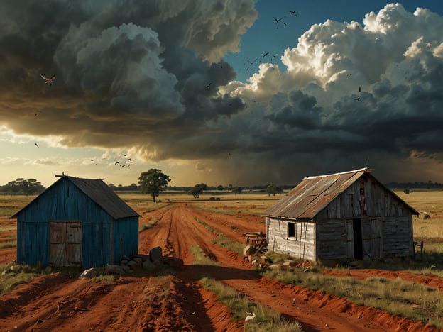 Auf dem Bild sind zwei verlassene Hütten in einer ländlichen Umgebung zu sehen, umgeben von roten Erdwegen und einer weiten Graslandschaft. Der Himmel ist dramatisch bewölkt, was auf bevorstehendes schlechtes Wetter hindeutet.

**Herausforderungen für den Menschen:**
1. **Wetterextreme:** Die drohenden Gewitter können Ernteverluste und Lebensraumverlust für Menschen und Tiere verursachen.
2. **Ressourcenknappheit:** In ländlichen Gebieten müssen oft Wasser und Nahrungsmittel rationiert werden, besonders in Zeiten von Dürre oder Überschwemmungen.
3. **Abwanderung:** Verlassene Gebäude können ein Zeichen für Abwanderung in hunderten von Dörfern sein, was wirtschaftliche und soziale Probleme verursacht.

**Herausforderungen für die Natur:**
1. **Biodiversität:** Veränderungen im Klima und menschliche Aktivitäten bedrohen viele Arten in solchen Regionen.
2. **Erosion:** Rote Erde könnte auf Erosionsprobleme hinweisen, die durch intensive landwirtschaftliche Nutzung oder unverändert gelassene Böden entstehen.
3. **Klimaänderungen:** Extreme Wetterereignisse stellen eine Gefahr für die Ökosysteme dar, die auf vorhersagbare klimatische Bedingungen angewiesen sind.