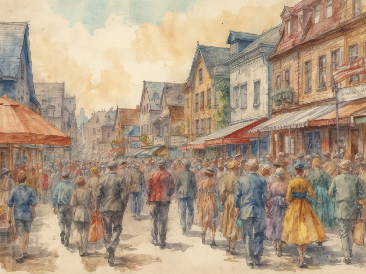 Eine belebte Straße mit vielen Fußgängern, die in verschiedene Richtungen gehen. Die Figuren sind in historische Kleidung gekleidet und die Szenerie vermittelt eine lebhafte Atmosphäre. Auf der linken Seite steht ein Marktschirm. Im Hintergrund sind mehrere Gebäude mit Schildern und Fenstern zu sehen, die typisch für eine kleine Stadt sind. Die Farbpalette ist sanft und warm, mit einem Himmel, der eine leichte Wolkenbildung zeigt. Die gesamte Komposition strahlt ein Gefühl von Gemeinschaft und Alltag aus.