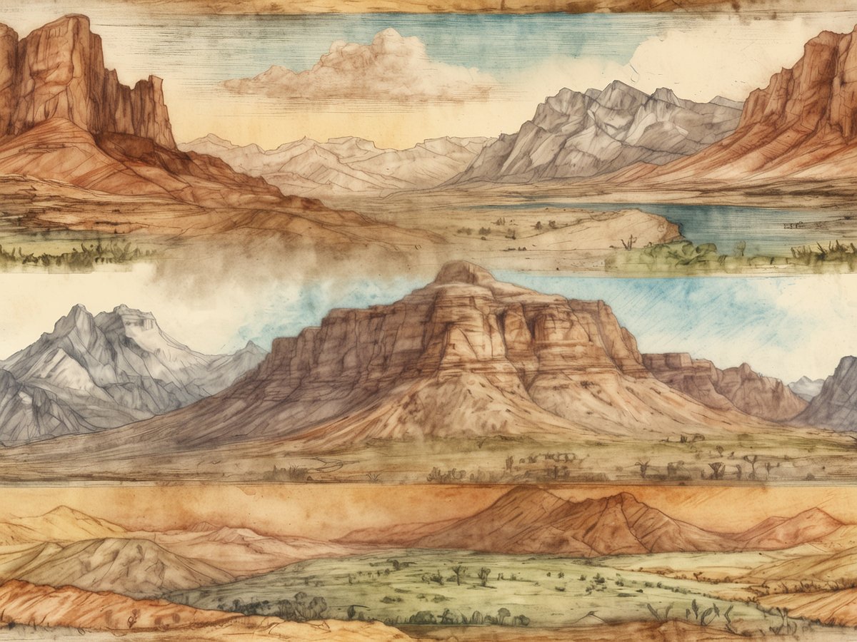 Eine künstlerische Darstellung von verschiedenen Landschaften, die in horizontalen Abschnitten angeordnet sind. Im oberen Abschnitt sind hohe Berge und eine klare Himmelssituation zu sehen. Der mittlere Abschnitt zeigt eine gemischte Landschaft mit einem Plateau und sanften Hügeln, während im unteren Abschnitt weite Felder und sanft geschwungene Berge dargestellt sind. Die Farben variieren von warmen Erdtönen bis hin zu kühlerem Blau, was die unterschiedlichen Landschaftsstile hervorhebt.